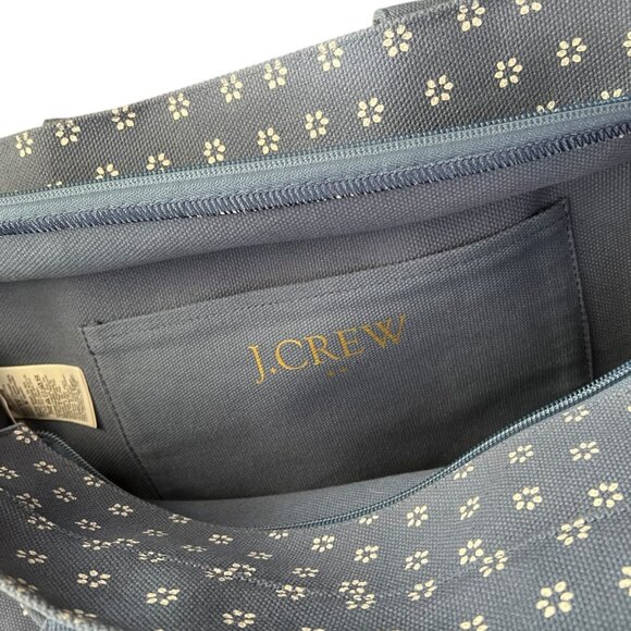 J. Crew Floral Chambray Canvas Structured Tote Blue Boho Coastal Beach Picnic - Picture 7 of 16